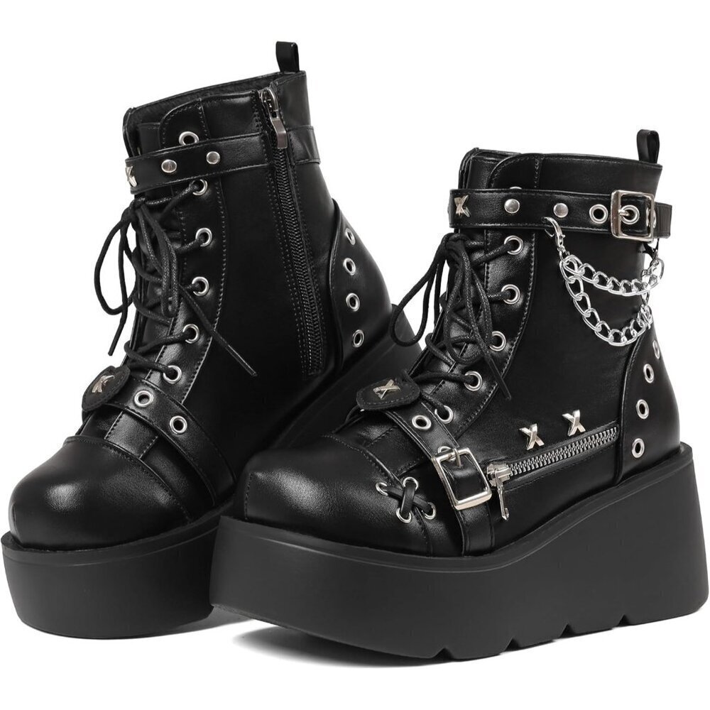 Women Polyurethane A-black Wedge Round Toe Buckle Combat Leather Platform Boots